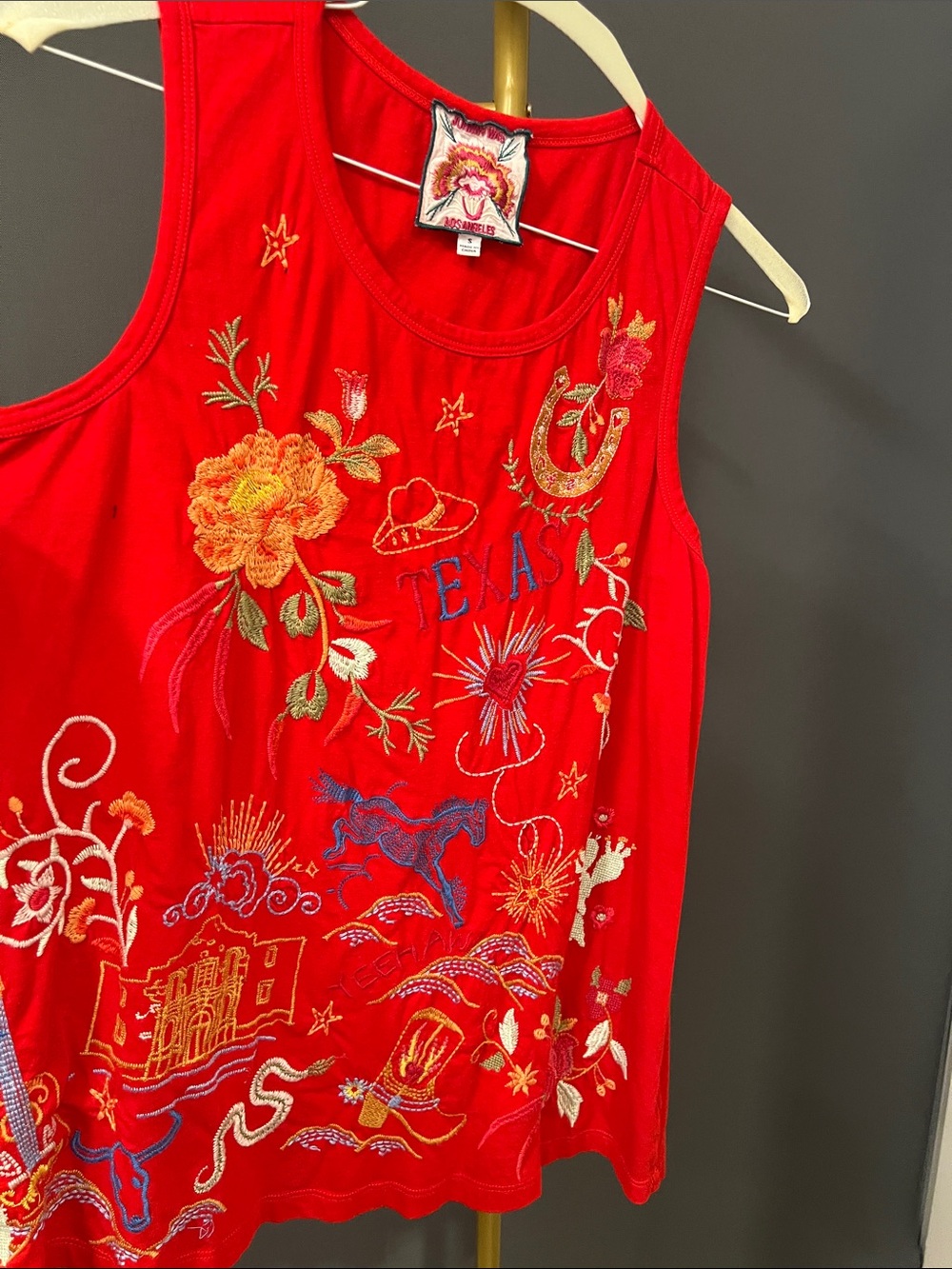 Johnny Was Red Embroidered Texas Tank Top